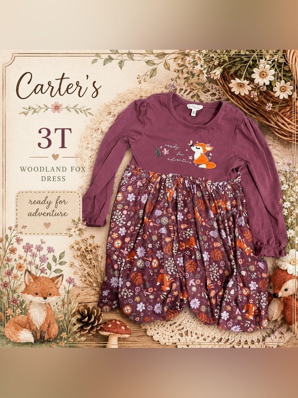 Carter's Girls Dress Size 3T Woodland Fox Dusty Purple Long Sleeve